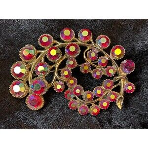 Vtg AB Brooch Ruby Aurora Borealis Rhinestones Gold Tone
